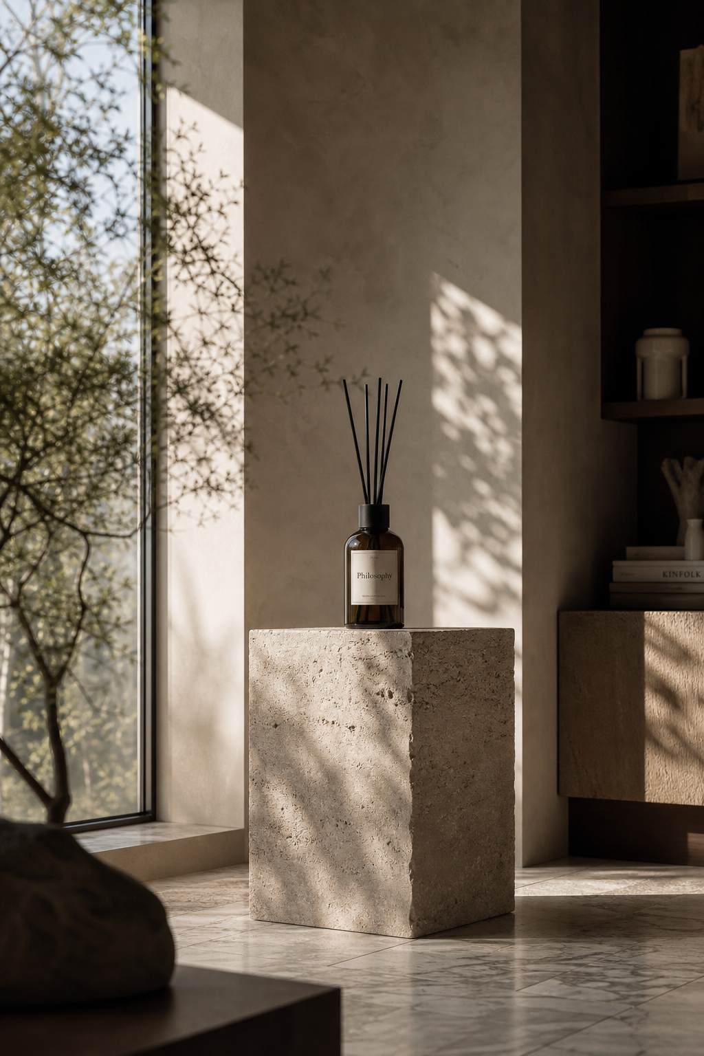Minimalistisches Interior mit natürlichem Licht und kuratierten Objekten